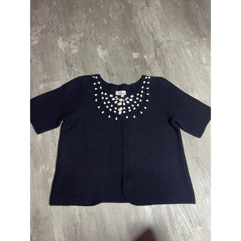 Chaus Dark Blue Short Sleeve Cardigan Sweater Beading Size‎ Large Cotton C-0045